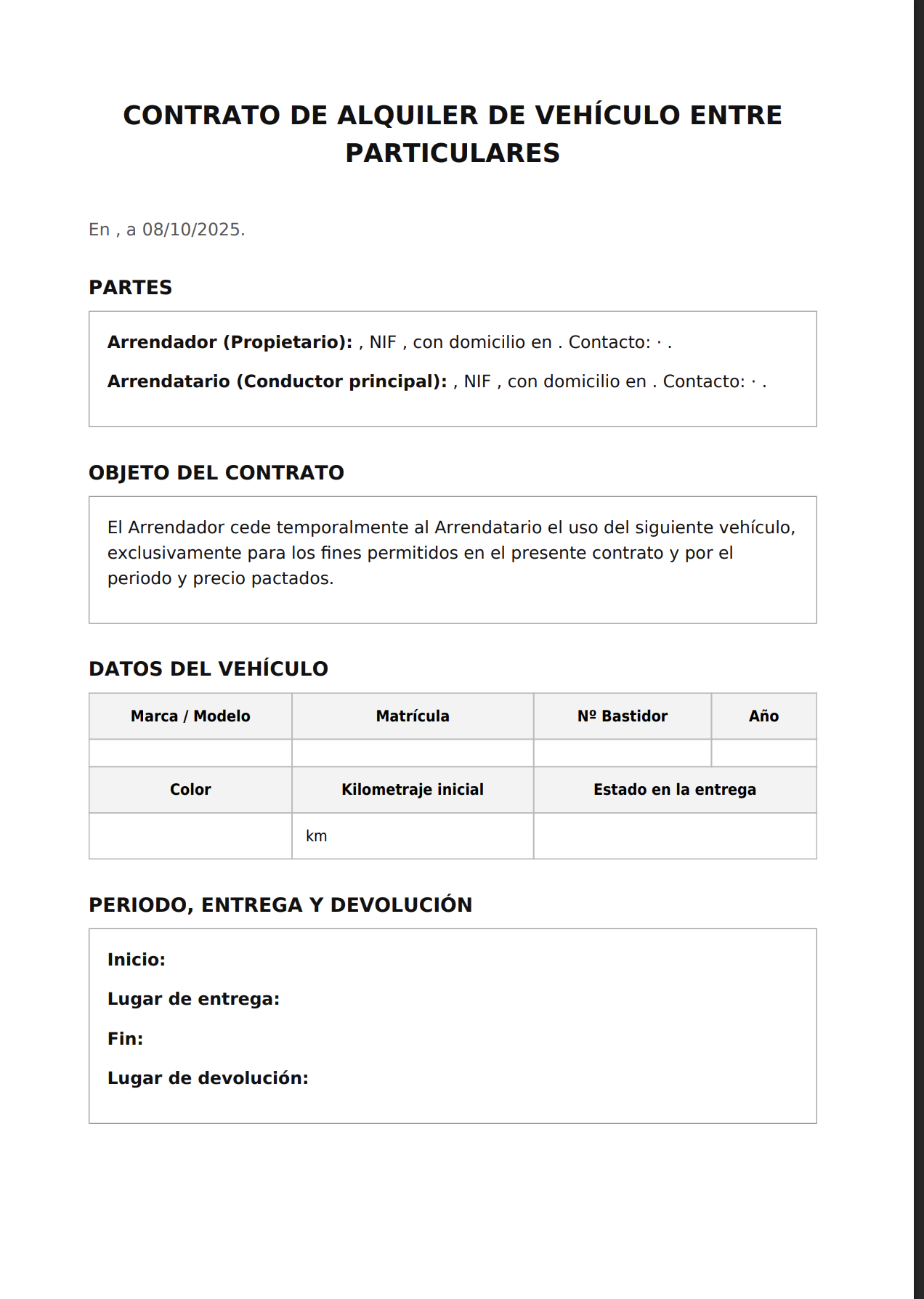 Modelo Contrato De Alquiler De Coche Entre Particulares